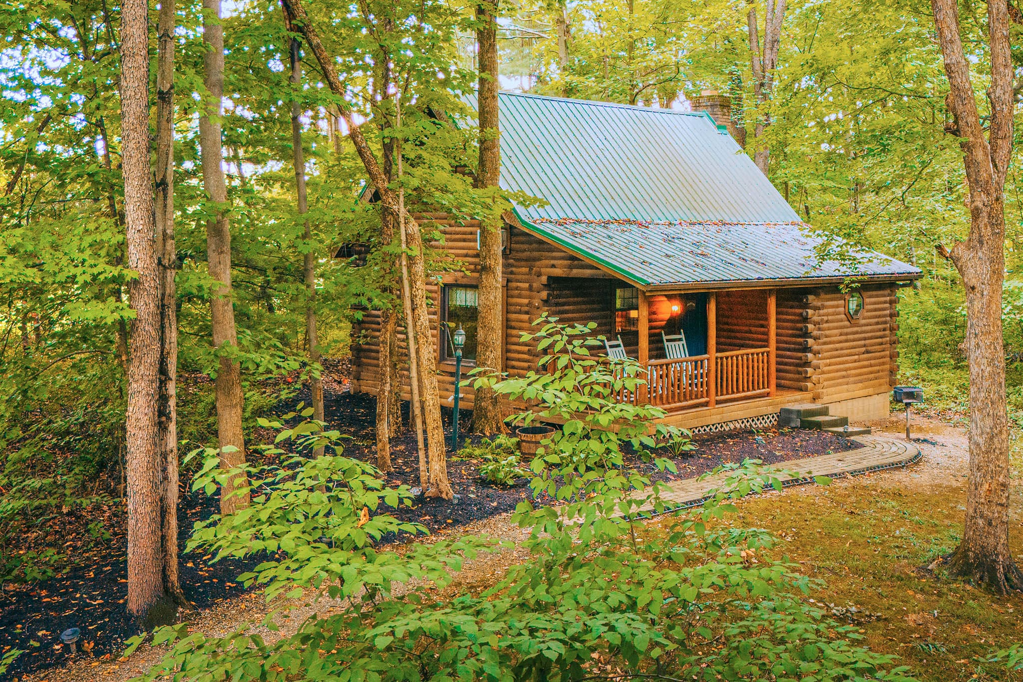 Grapevine cabin on a wooded hilltop overlooking a ravine in Amish Country Ohio